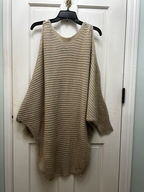 easel Taupe Cold-Shoulder Ribbed Knit Sweater